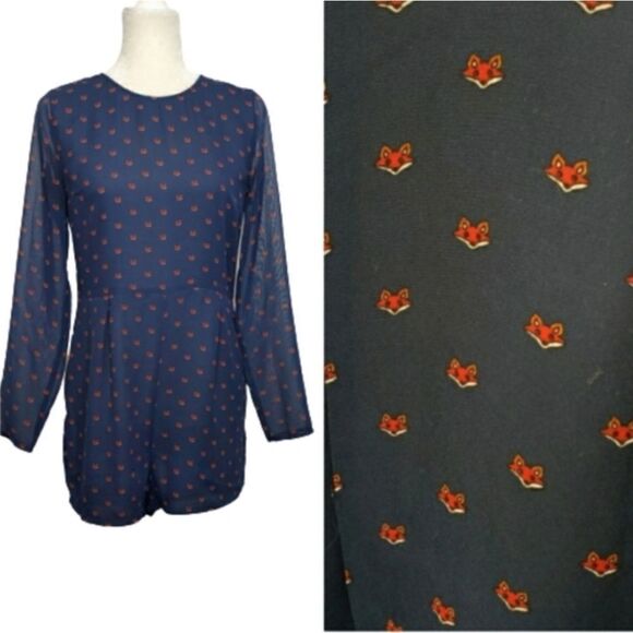 H&M romper Divided navy blue fox novelty print long sleeve open back 10 - Picture 7 of 7